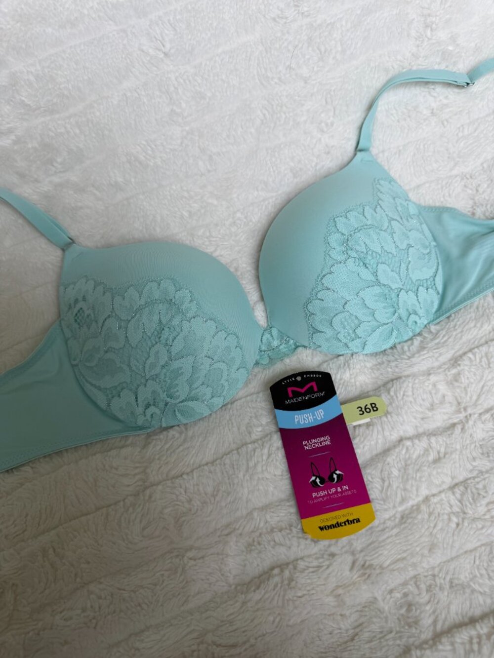 Maidenform 36B Push-Up & In Plunging Neckline Lace Bra Aqua DM9900 - Picture 2 of 12